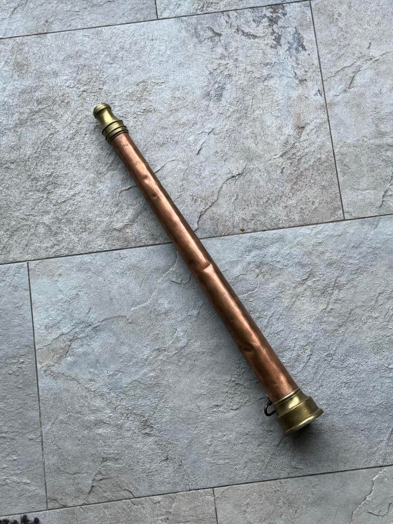Antieke koperen brandweerspuit met messing details, Ophalen, Koper