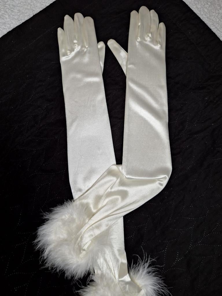Crèmekleurige lange handschoenen met bont, Ophalen of Verzenden