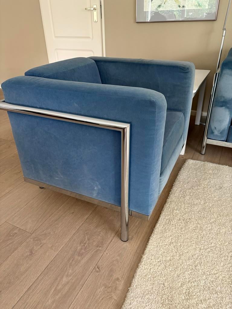 HARVINK “Tea for Two” bank en fauteuil - Lichtblauw velours, Huis en Inrichting, Ophalen, Gebruikt, Driepersoons, 75 tot 100 cm