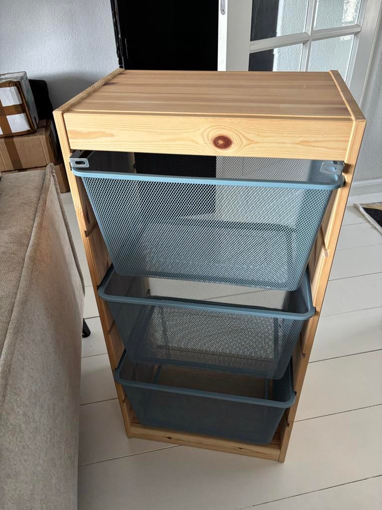 Houten opbergrek met 3 metalen manden, Ophalen of Verzenden, Gebruikt