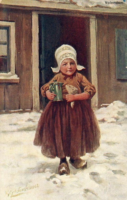 VOLENDAM – Meisje in klederdracht in sneeuw ca. 1900 (VK383), Verzenden, Voor 1920, Ongelopen, Klederdracht