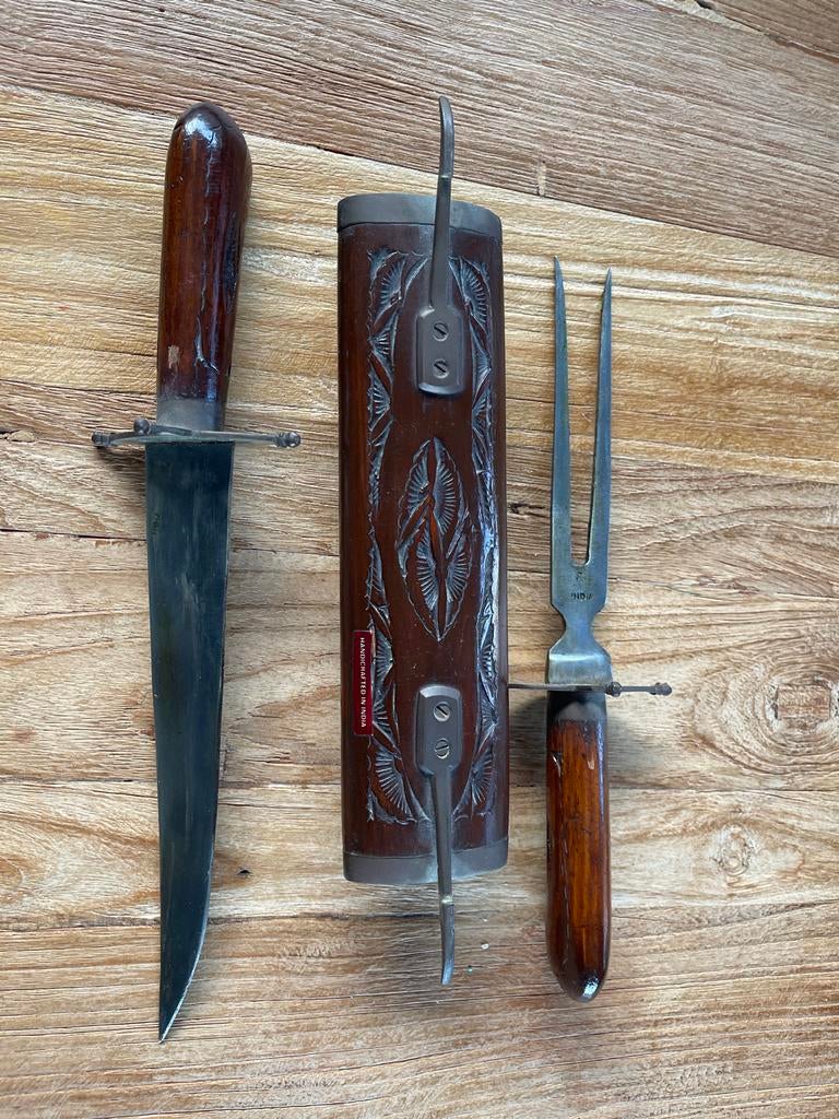 Vintage Vleesmes en Vleesvork Set - Handgemaakt in India, Antiek en Kunst, Ophalen of Verzenden
