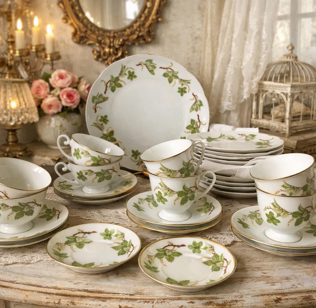 Vintage porseleinen theeservies met druiven bladmotief, Ophalen