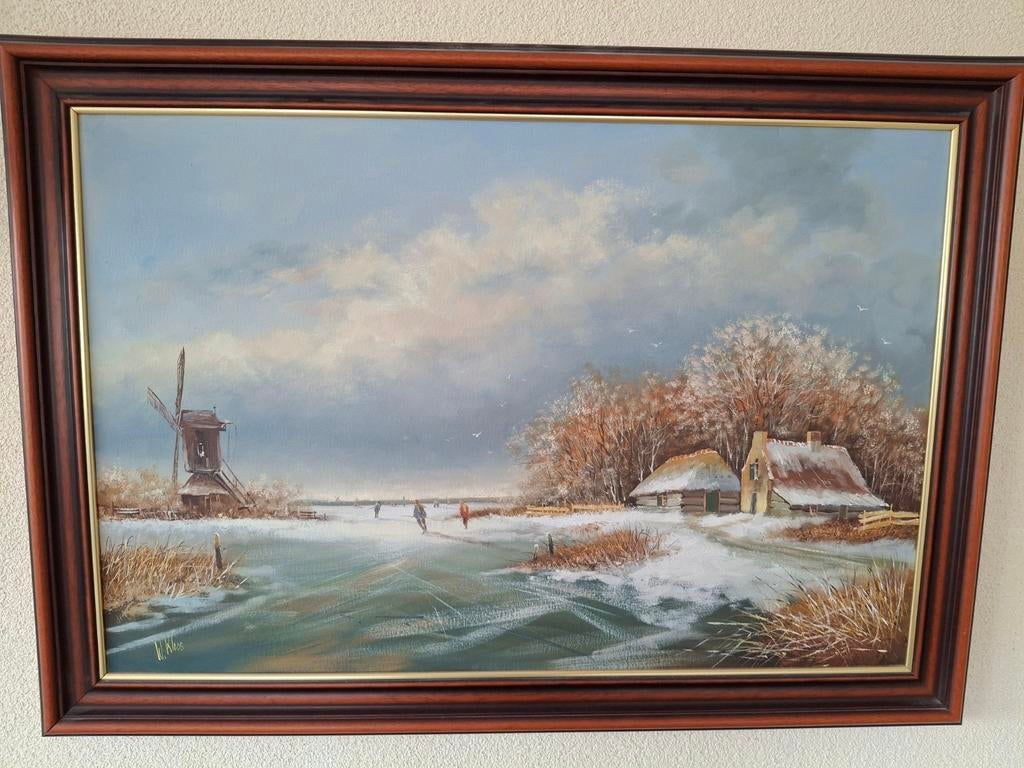 Schilderij Hollands winterlandschap met molen en schaatsers, Ophalen