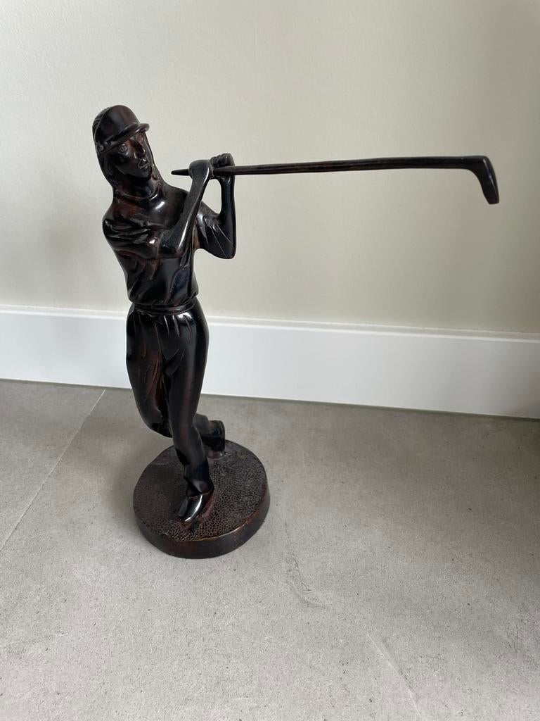 Bronzen beeldje van een golfspeler, Ophalen of Verzenden, Gebruikt, Mens