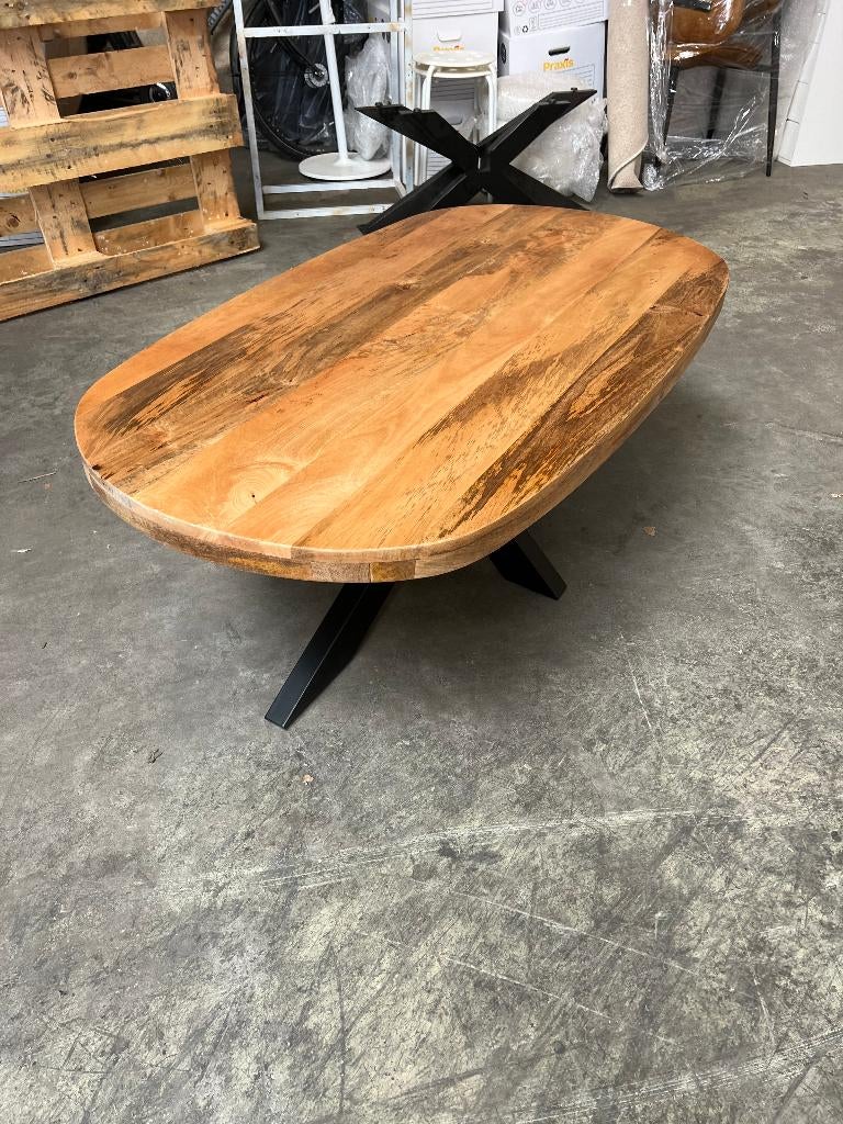 Deens ovale salontafel 120x70cm mango incl. spinpoot, Huis en Inrichting, Ophalen, 100 tot 150 cm, Nieuw, 50 tot 100 cm