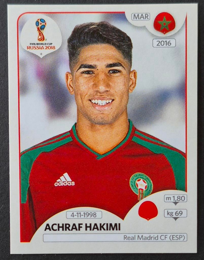 Panini sticker Achraf Hakimi - Marokko, WK 2018, Ophalen of Verzenden, Zo goed als nieuw, Buitenlandse clubs, Poster, Plaatje of Sticker