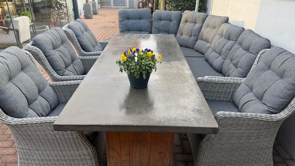 Complete tuinset met Happy Cocooning kachel, Ophalen, Gebruikt, Eettafel, Meer dan 8 zitplaatsen