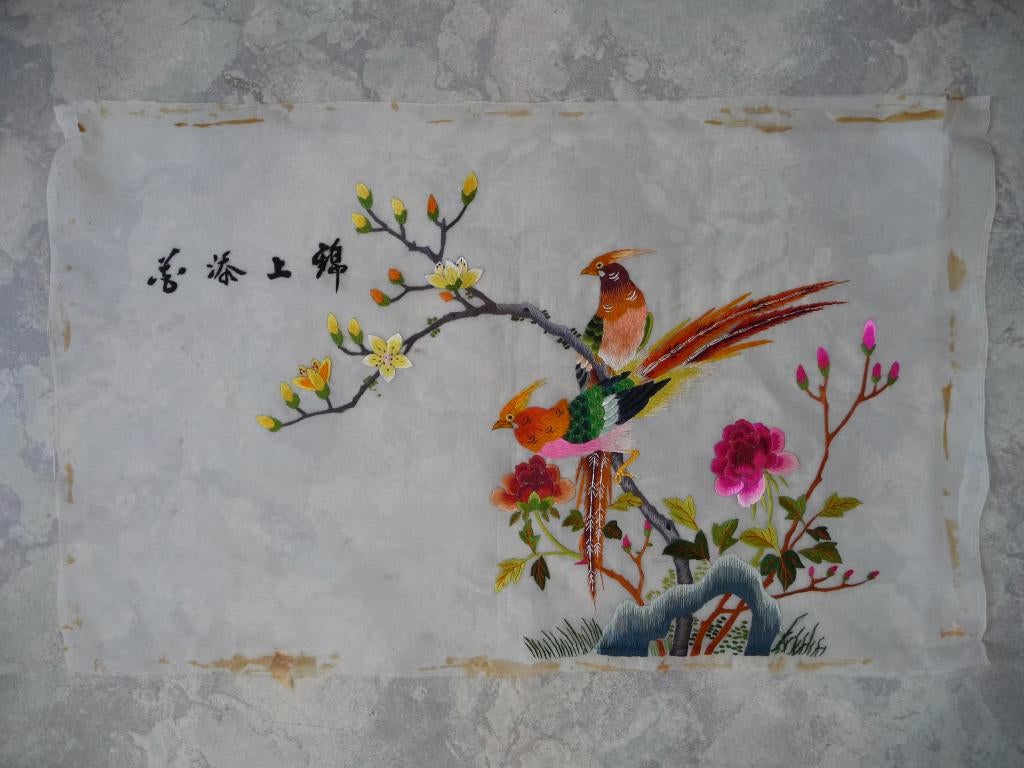 Borduurwerk "Chinees" (Vogels en rozen), Ophalen of Verzenden, Gebruikt, Handborduren, Onderdeel of Toebehoren