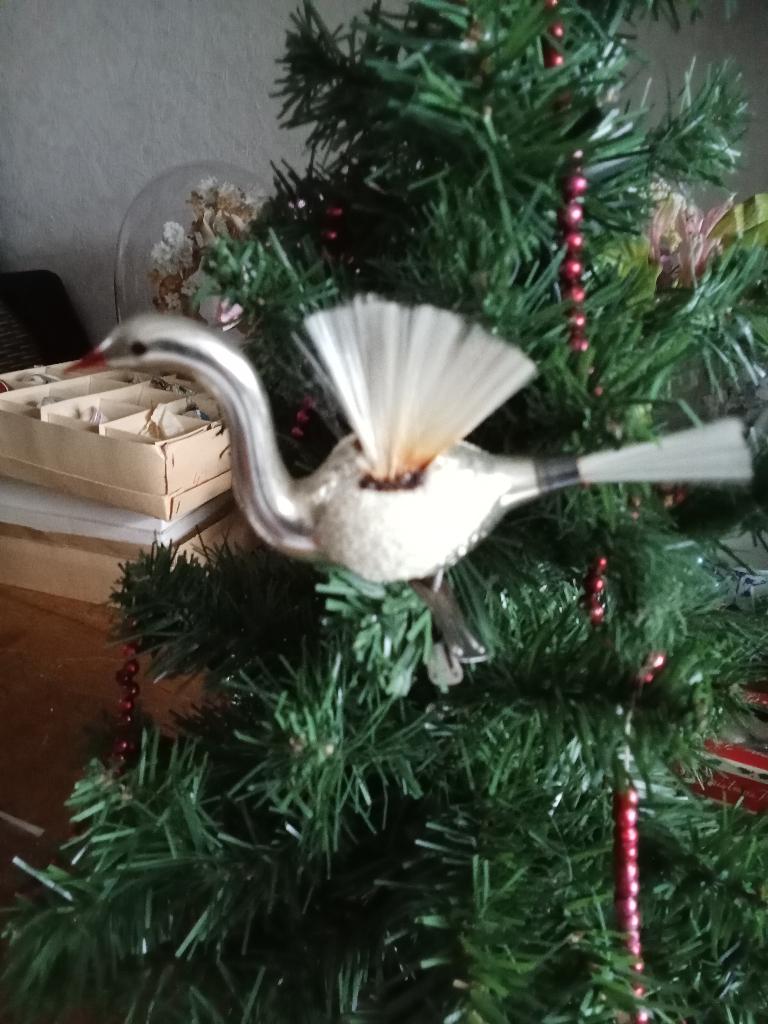 antieke glazen kerstbal zwaan op clip met 2 vleugels, Diversen, Kerst, Ophalen of Verzenden, Gebruikt