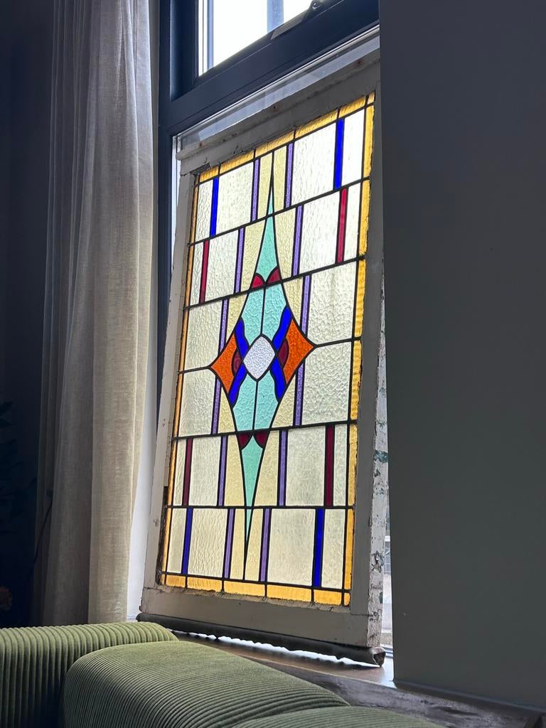 Glas in lood raam met houten frame, Gevelraam of Ruit, Gebruikt, Ophalen of Verzenden, Minder dan 80 cm