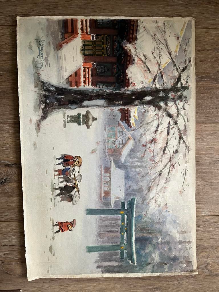 Oude Japanse waterverf prent - Winterlandschap, Ophalen