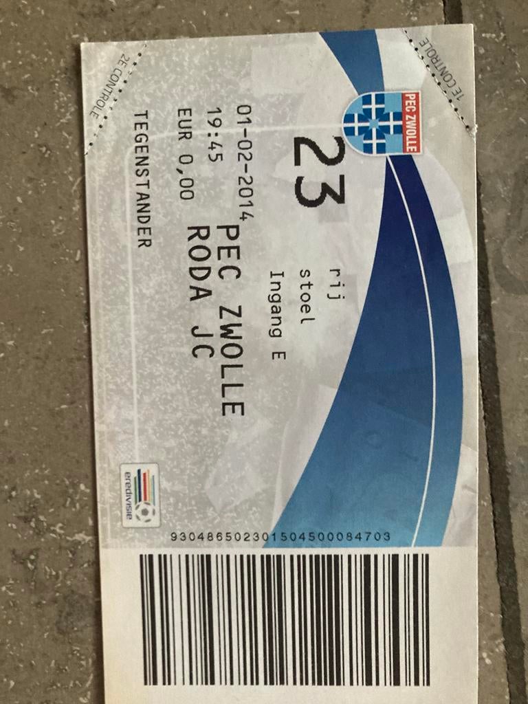 TICKET PEC ZWOLLE-RODA JC 13-14, Ophalen of Verzenden, Zo goed als nieuw, Overige binnenlandse clubs, Overige typen