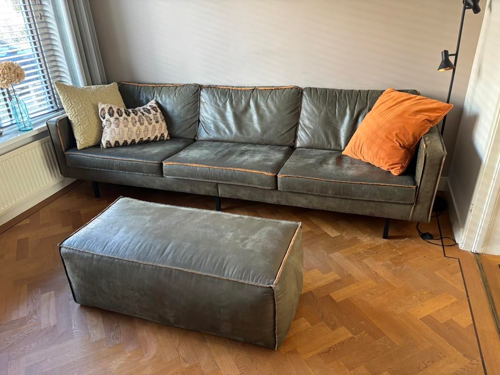 LAATSTE KANS: mooie leren groene 3-zits bank, incl hocker, Ophalen, Zo goed als nieuw, Leer