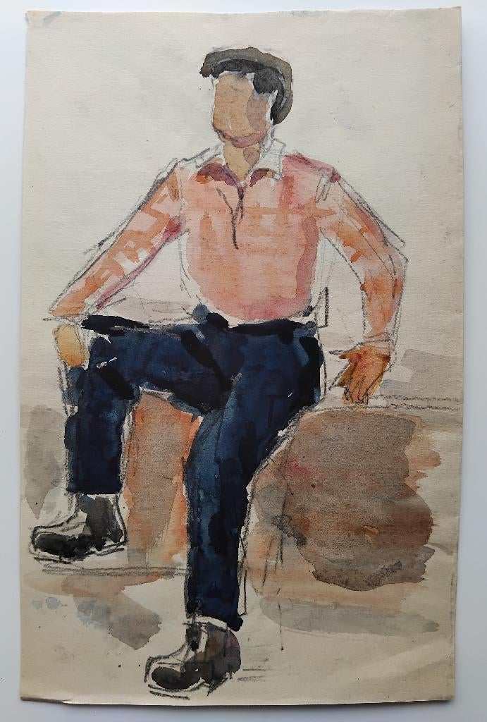 Twee schilderijen. Aquarel op papier. Jongens. Jaren 1960., Antiek en Kunst, Ophalen of Verzenden