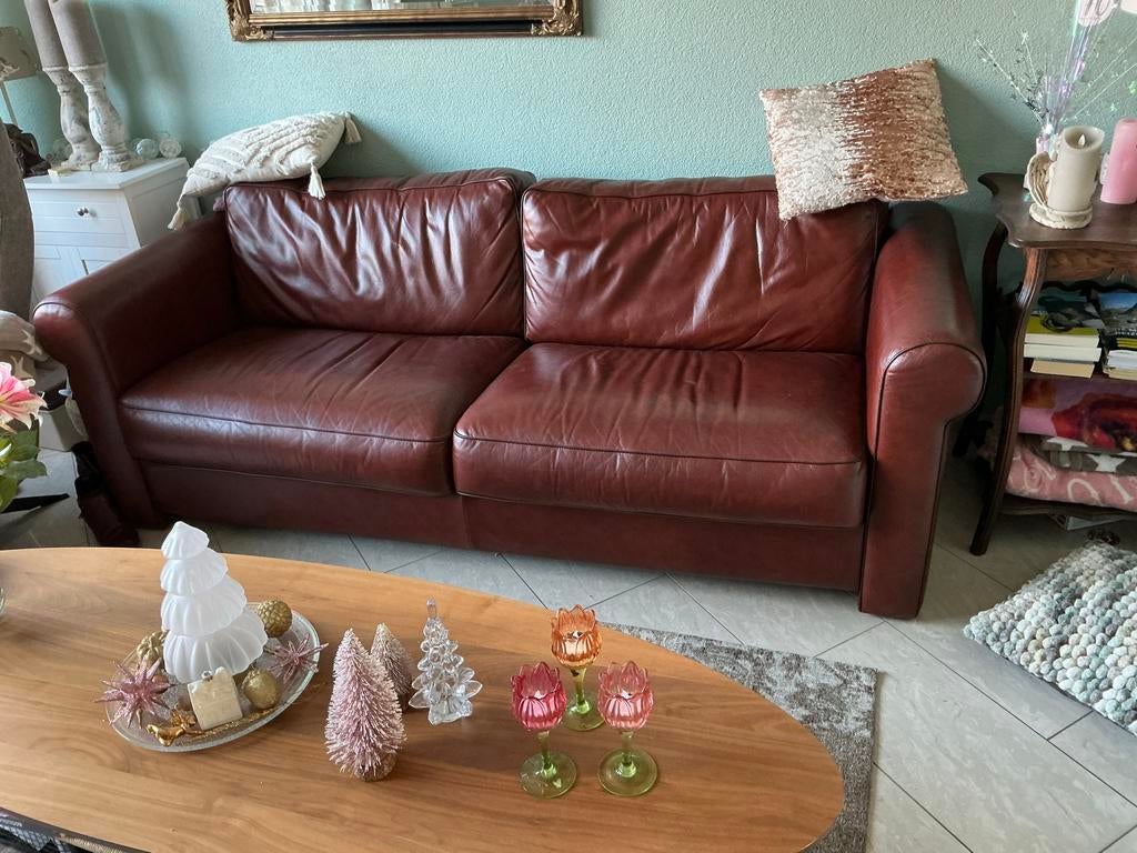 Lederen bank - Driepersoons, Huis en Inrichting, Banken | Bankstellen, Ophalen, Gebruikt, Rechte bank, 200 tot 250 cm