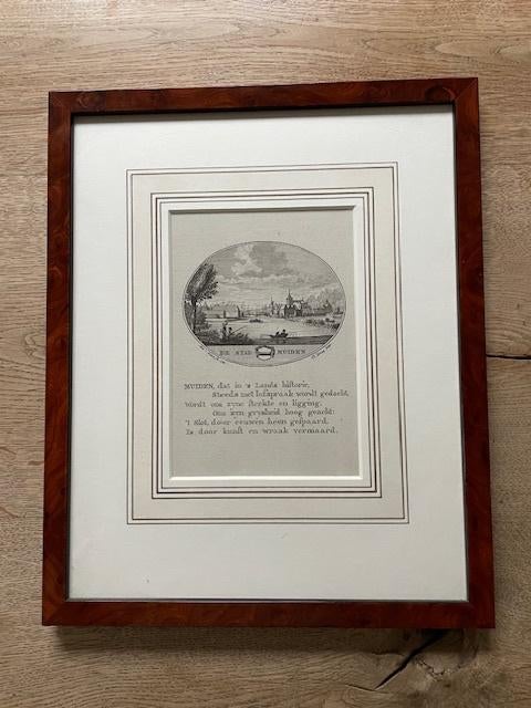 Originele kopergravure "Gezicht op de stad Muiden" ingelijst, Ophalen of Verzenden