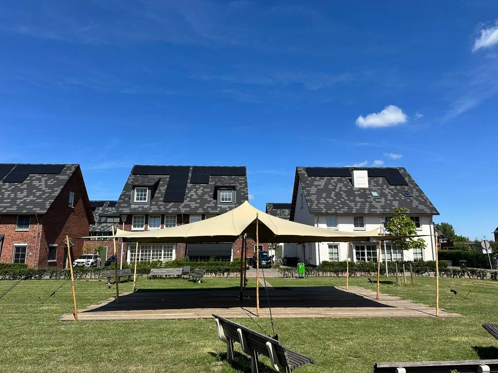 TE HUUR stretchtent 7,5x10,5m BEIGE, Tuin en Terras, Partytenten, Verzenden, Nomadik, Partytent, 6 meter of meer