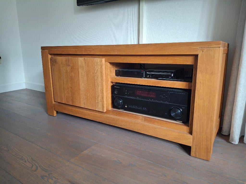 TV meubel balk eiken patiné, Ophalen, 100 tot 150 cm, Eikenhout, Zo goed als nieuw