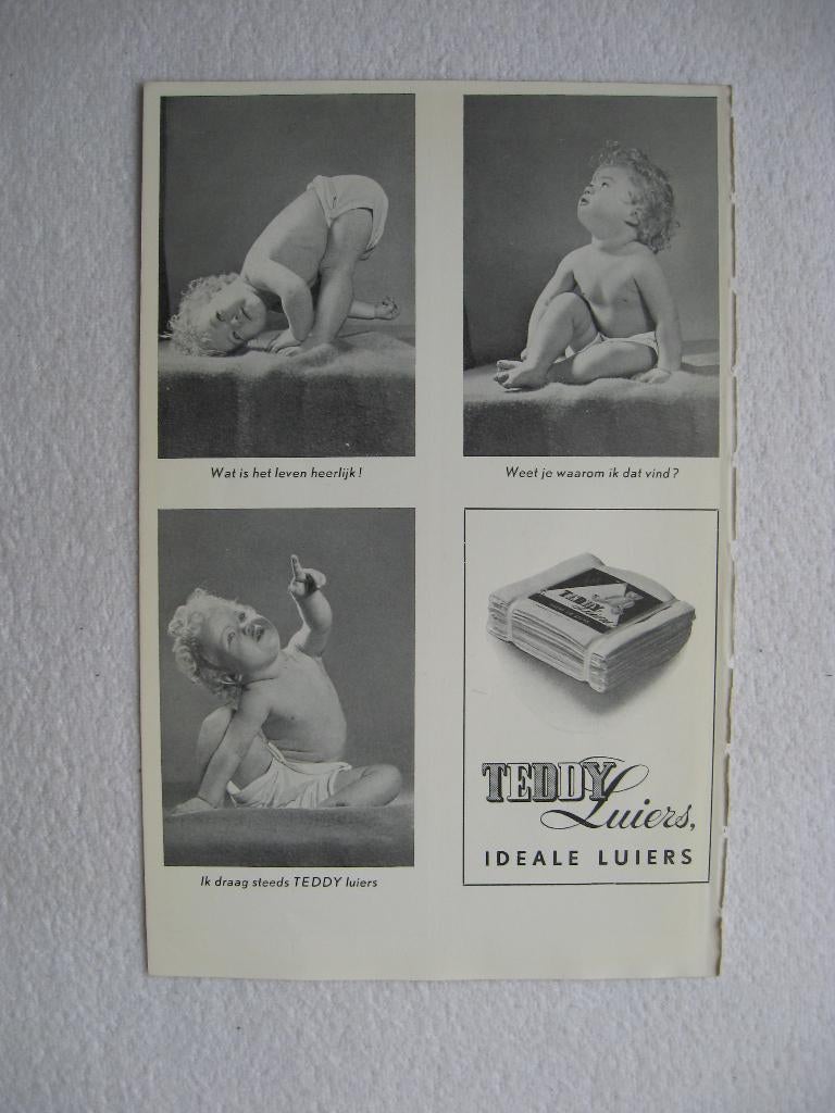Oude reclame voor TEDDY Luiers, achterzijde foto's A. Romein, Ophalen of Verzenden, Gebruikt, Overige typen