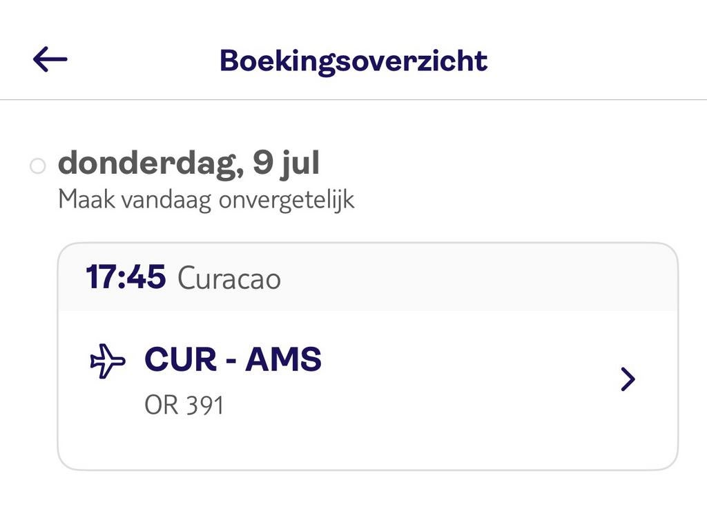 Vliegticket Curacao-Amsterdam 9 juli 2026 (enkele reis), Tickets en Kaartjes, Eén persoon, Vliegtuig, Nederland, Met bestemming of datum