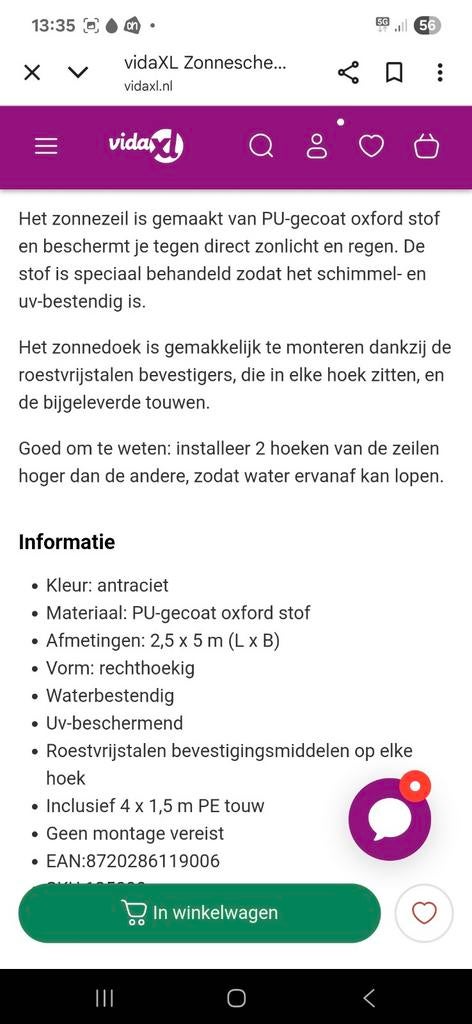 Schaduwdoeken nieuw! Antraciet, Tuin en Terras, Schaduwdoeken, Ophalen, Nieuw