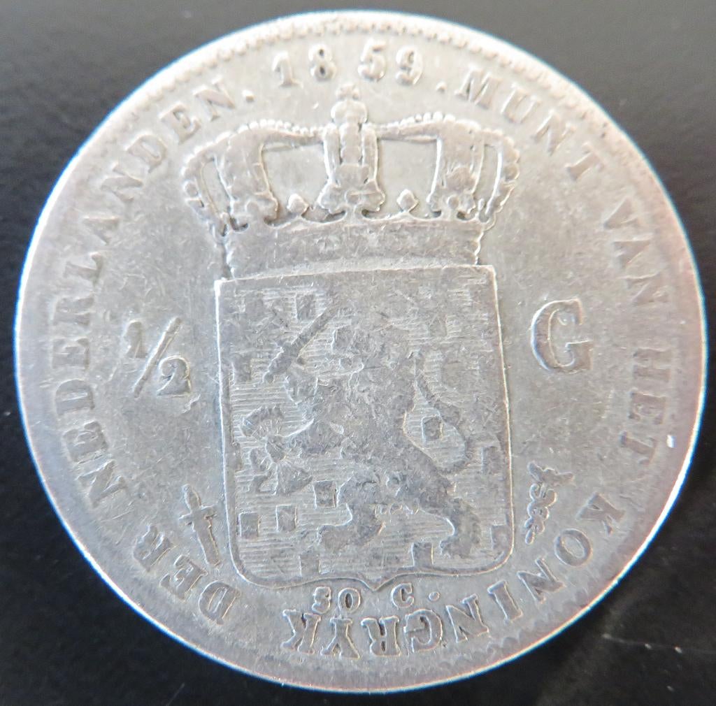 Halve Gulden 1859, Postzegels en Munten, Munten | Nederland, ½ gulden, Koning Willem III, Verzenden, Zilver