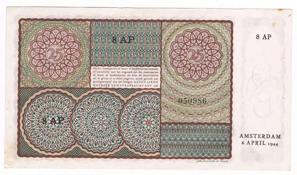 25 gulden 6 april 1944 Prinsesje UNC min, Postzegels en Munten, Bankbiljetten | Nederland, Ophalen of Verzenden, 25 gulden, Los biljet