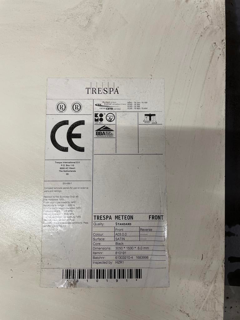 Trespa gevelplaat - 6 mm dik, Ophalen, HPL, Minder dan 20 mm, Nieuw