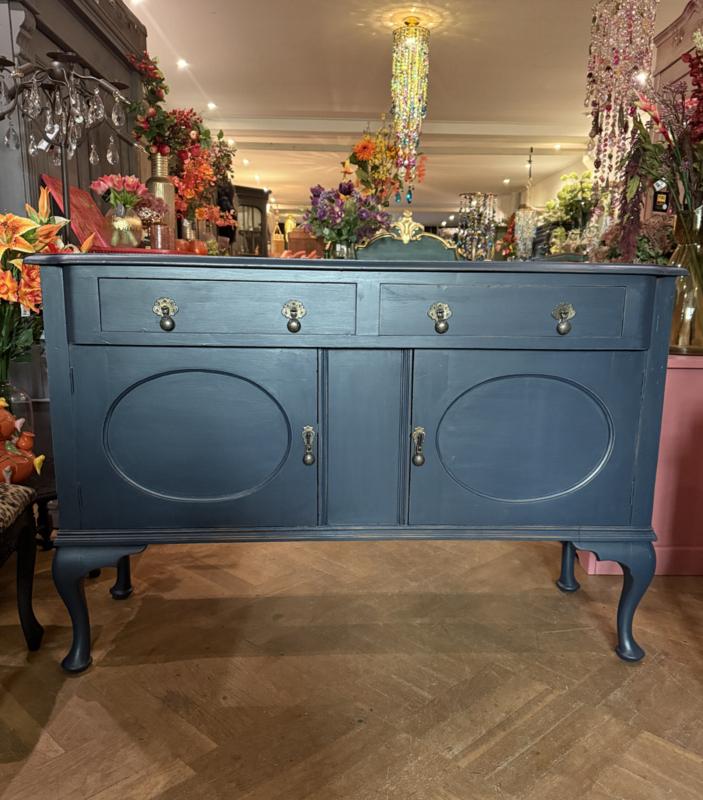 Antiek dressoir, vintage kast, oud buffet donkerblauw VdlM, Ophalen, Zo goed als nieuw, 25 tot 50 cm, Hotel Chic blauw brocante buffetkast Queen Ann kastje