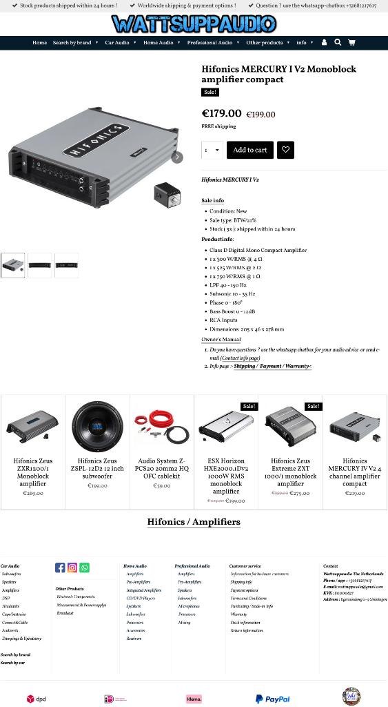Hifonics MERCURY I V2 Monoblok versterker 750W RMS, Auto diversen, Autospeakers, Audio-design, Nieuw, Am Breilingsweg 3, 76709 Kronau, Duitsland