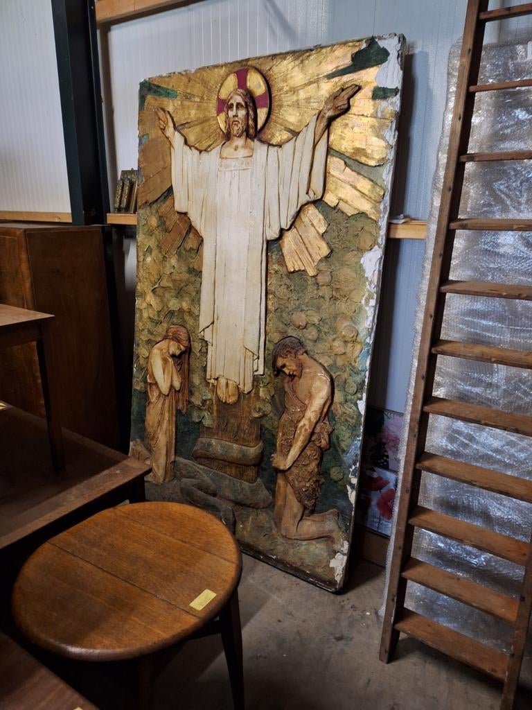 Wanddecoratie religieus antiek beeld schilderij biechtstoel, Ophalen of Verzenden