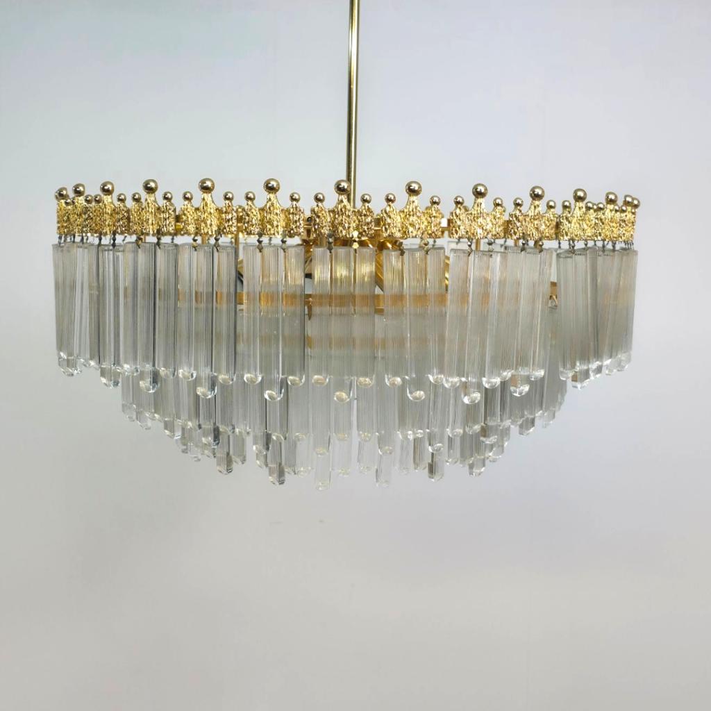 Vintage XL kroonluchter 70s kristal Hollywood regency goud, Huis en Inrichting, Ophalen of Verzenden, Gebruikt, Glas