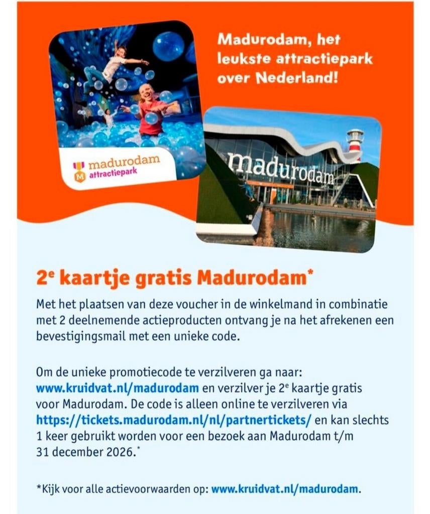 2e kaartje gratis voor Madurodam, Tickets en Kaartjes, Twee personen, Kortingskaart