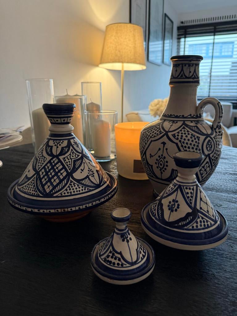 Marokkaanse tajine en kruik set, Huis en Inrichting, Woonaccessoires | Vazen, Gebruikt, Blauw, Aardewerk of Porselein, Ophalen of Verzenden