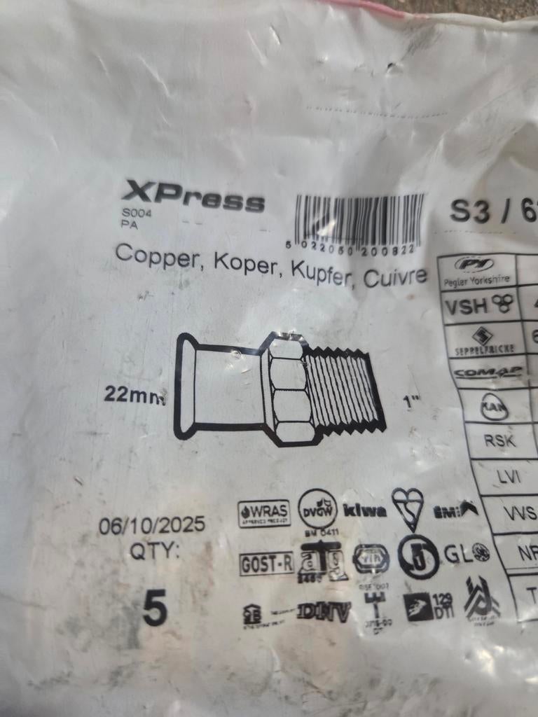 XPress koperen koppelingen 22mm x 1" (5 stuks), Ophalen of Verzenden