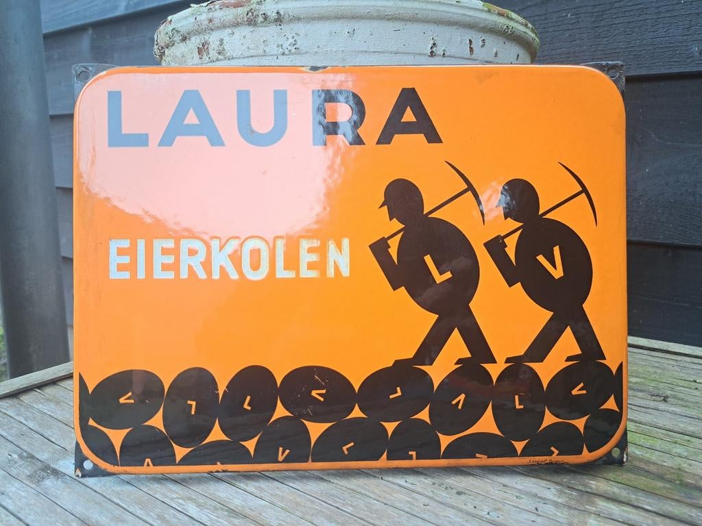 Emaille reclame , emaille reclamebord Laura eier kolen, Ophalen of Verzenden, Gebruikt, Reclamebord