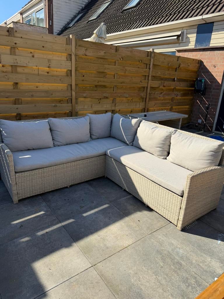 Loungeset grijs/beige met hoge tafel en hockers, Tuin en Terras, Tuinsets en Loungesets, Ophalen, 5 zitplaatsen, Gebruikt, Loungeset
