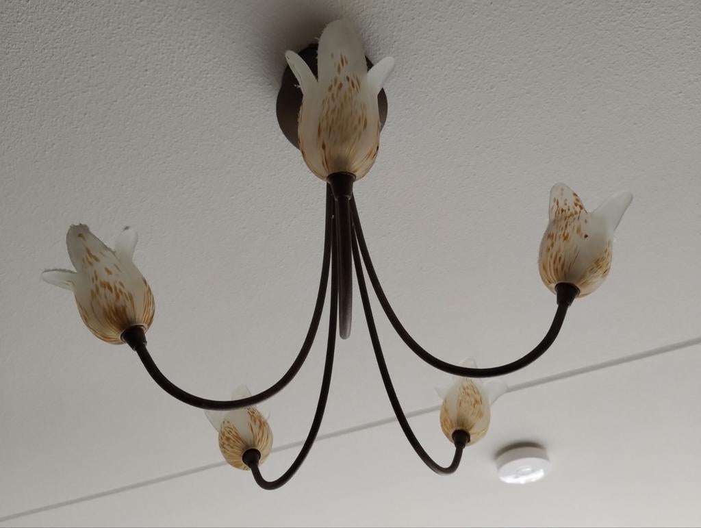 Leuke plafondlamp met tulpenvormige kapjes., Huis en Inrichting, Lampen | Plafondlampen, Ophalen, Gebruikt, Glas, Klassiek, Sfeervol