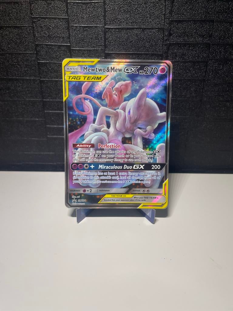 Mewtwo & Mew Tag Team Alt Art SM191 Black Star Promo LP, Ophalen of Verzenden, Gebruikt, Losse kaart, Foil