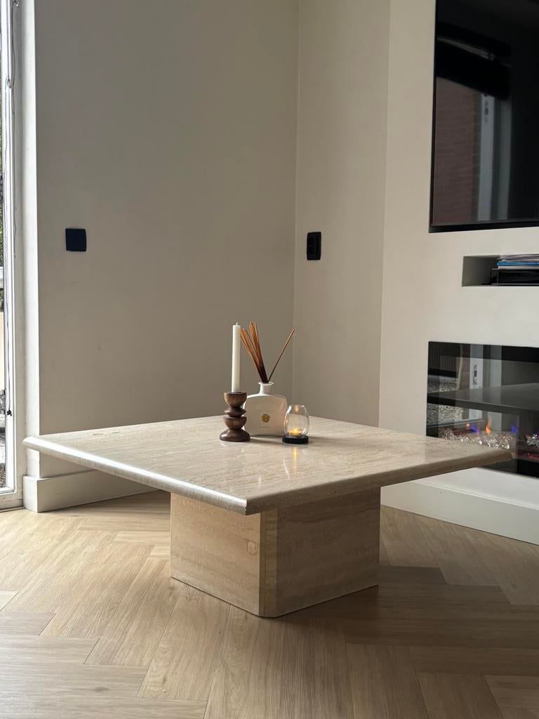 Travertin salontafel, Overige materialen, 50 tot 100 cm, Travertin japandi vintage marmeren natuursteen, Vierkant