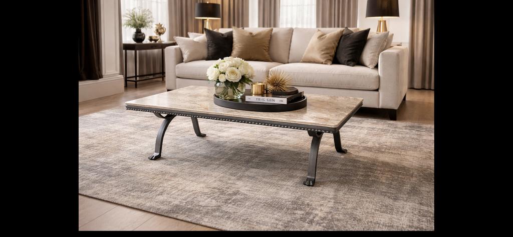 Vintage salontafel, marmeren blad en gietijzer onderstel, Ophalen, Gebruikt, 100 tot 150 cm, 50 tot 100 cm