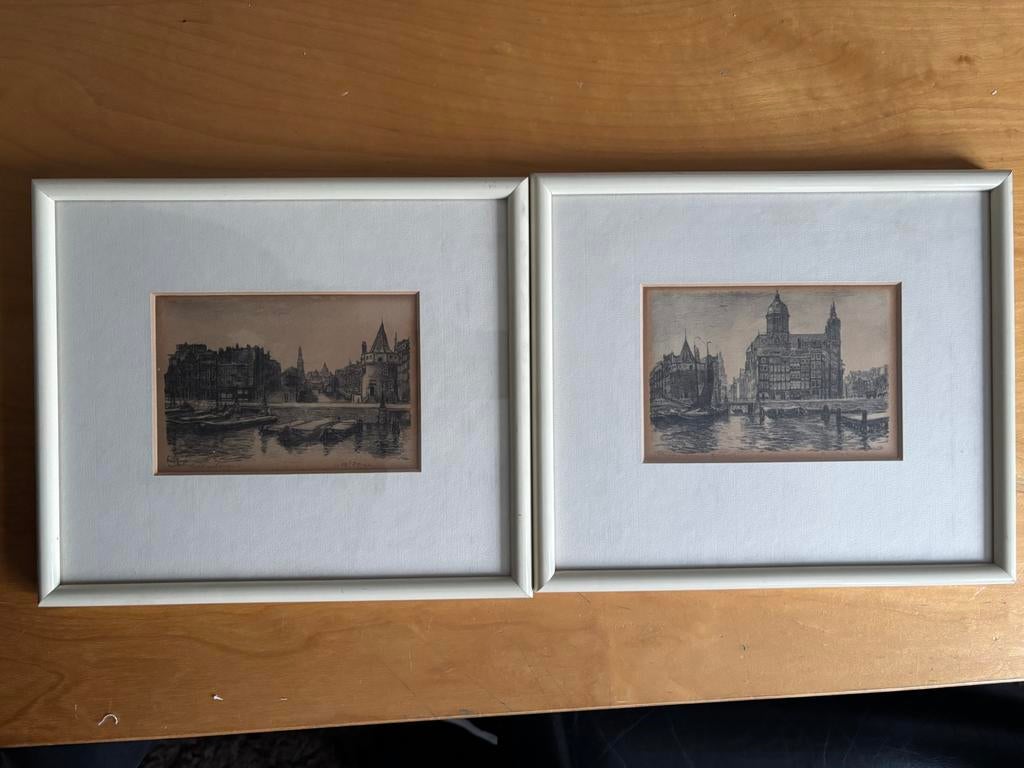 Louis Landre: 2 ingelijste etsen Amsterdam, Ophalen of Verzenden