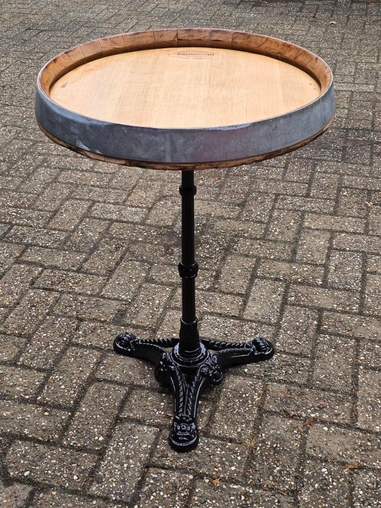 Sidetable van wijnvat , eiken, op gietijzeren poot, Tuin en Terras, Tuintafels, Ophalen, Nieuw, Rond, Hout