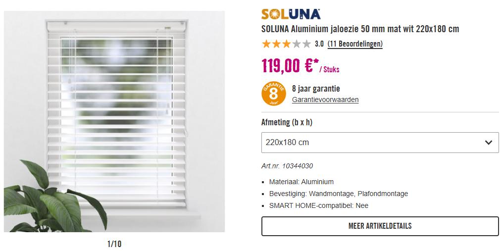 SOLUNA Aluminium jaloezie 50 mm mat wit 220x180 cm, Ophalen, Minder dan 50 cm, Gebruikt, 200 cm of meer