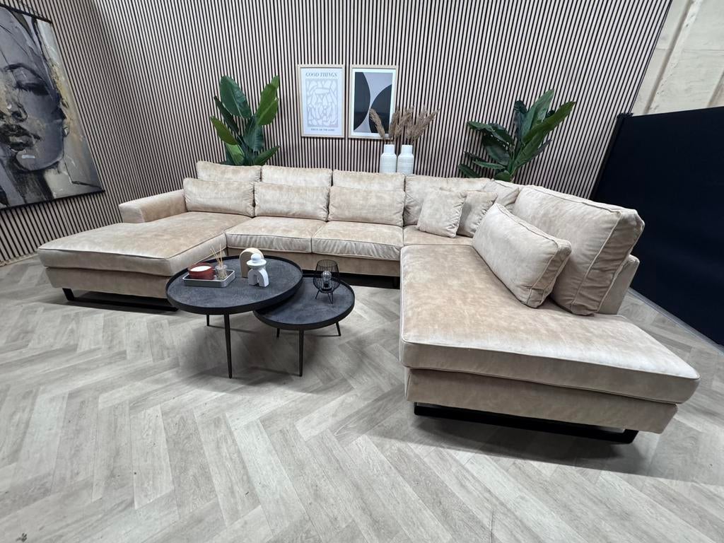 ZGAN Hotel Chique Velvet Velours U-Bank - Beige - 365cm, Ophalen, -, Velvet Velours U-Bank / Hoekbank Beige Hotel Chique Eric Custer