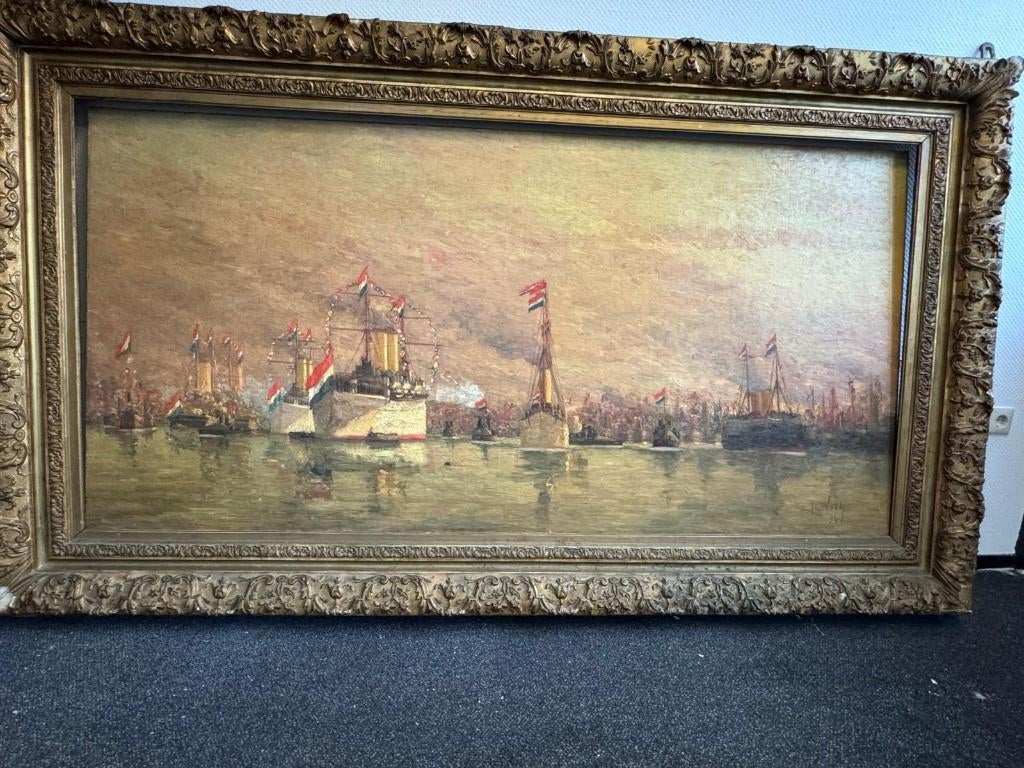 VLOOTSCHOUW - ZEESLAG - INAUGURATIE - OLIEVERF SCHILDERIJ, Antiek en Kunst, Kunst | Schilderijen | Klassiek, Ophalen