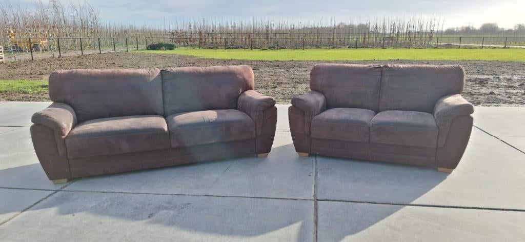 2 bruine banken en een fauteuil, Ophalen, Gebruikt, Overige maten, 150 tot 200 cm