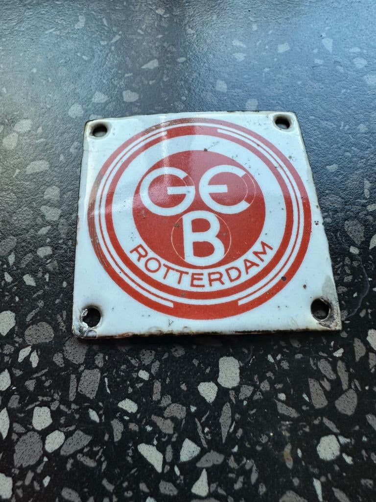 Emaille GEB Rotterdam deurpostje. 7 x 7 cm., Ophalen of Verzenden, Gebruikt, Reclamebord