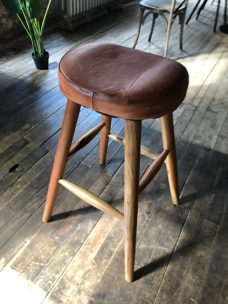 Ibiza vintage style houten barkrukken leren zitting, Ophalen, 60 tot 90 cm, Zo goed als nieuw, Leer